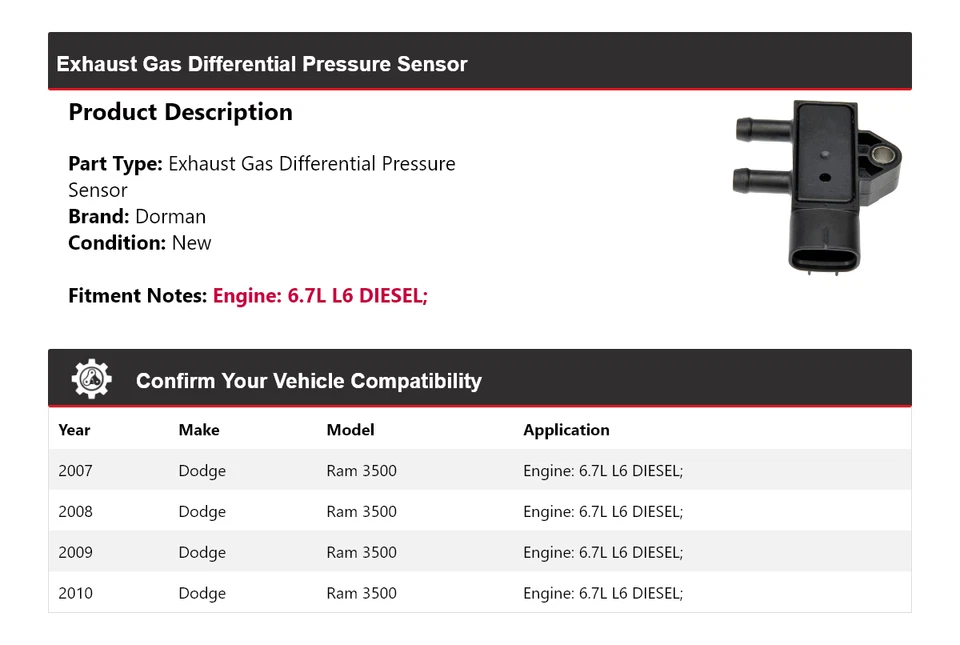 Датчик дифференциального давления выхлопных газов для Dodge Ram 3500 Dorman 2007-2010 годов выпуска - Изображение 2 из 4
