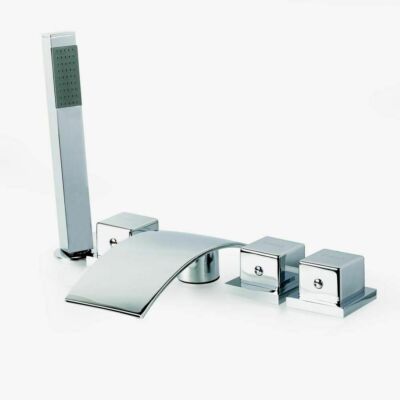 3-Handle Deck-Mount Waterfall Roman Tub Faucet Polished Chrome Handheld shower