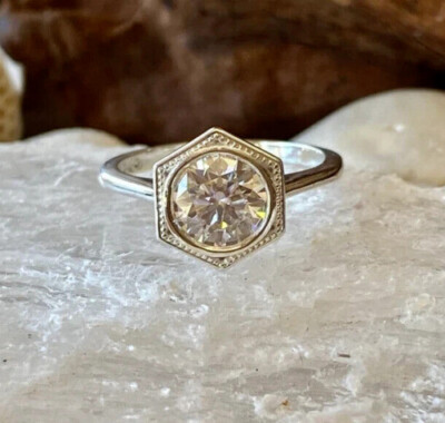 14K White Gold 1.50Ct Round Cut Moissanite Bezel Set Engagement Ring in Size 6