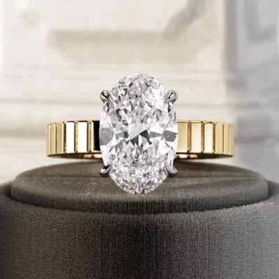 3.0CTW Oval Cut Moissanite Solitaire Cigar Band Two Tone Thick Engagement Ring