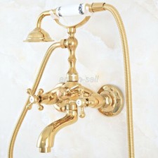 Gold Color Brass Bathroom Wall Mount Clawfoot Bath Tub Faucet  Handheld Shower
