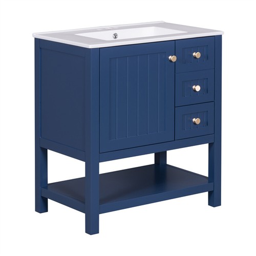 30" Bathroom Vanity Cabinet Combo Drop in Ceramic Sink faucet Drain-Blue - Picture 14 of 22