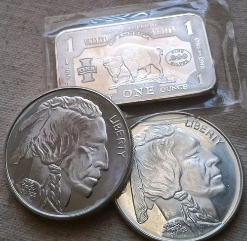 3pc Lot of  1oz  .999  Silver Ingot/rounds Buffalo $10 Bison Design See Pics