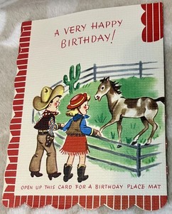 Unused VTG Birthday Cowgirl and Cowboy Greeting Card-Opens into a Placemat