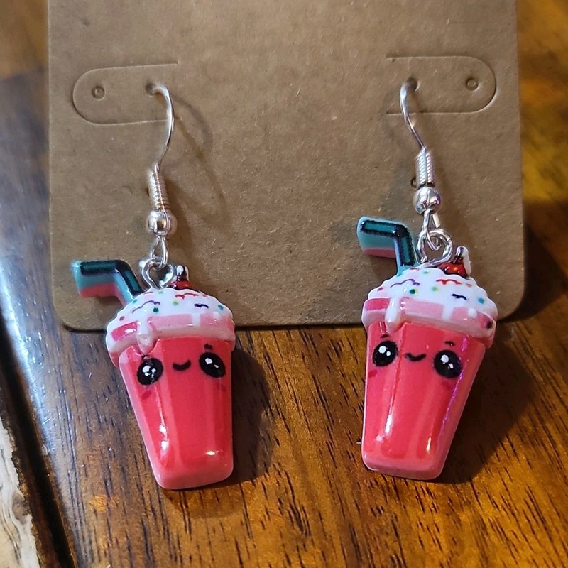 Handcrafted Resin Plastic Milkshake Dangle Earrings Pink Blue Cute Food Theme