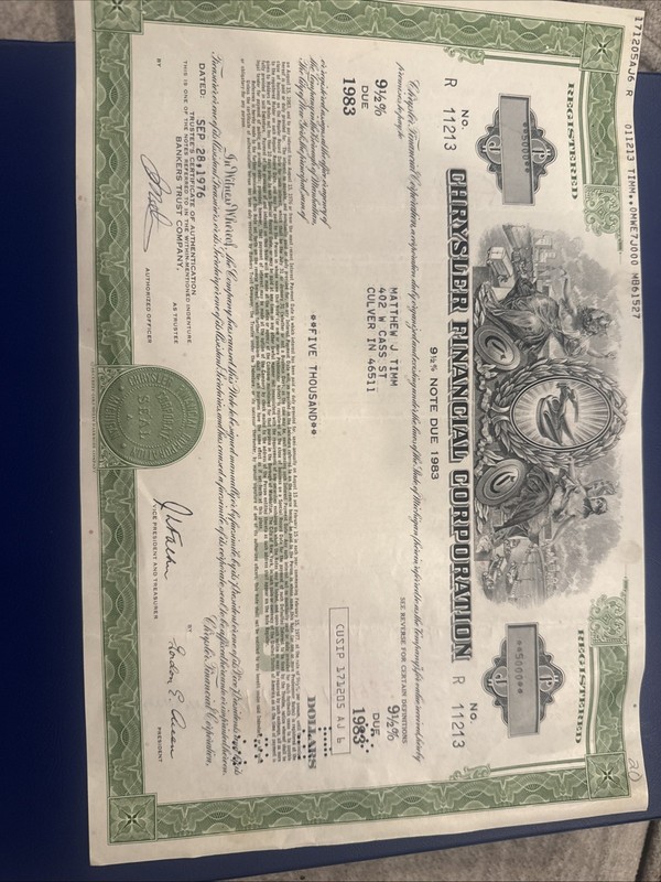 Chrysler Financial Corporation  1988 Bond Certificate -$5,00