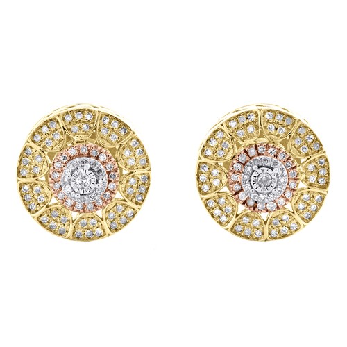 10K Tri-Color Gold Real Diamond 11mm Tier Geometric Circle Stud Earrings 0.22 CT - Picture 2 of 5