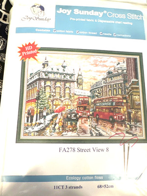 NEW Joy Sunday Printed Cross Stitch Kit WINTER LONDON STREET Scene AT CHRISTMAS