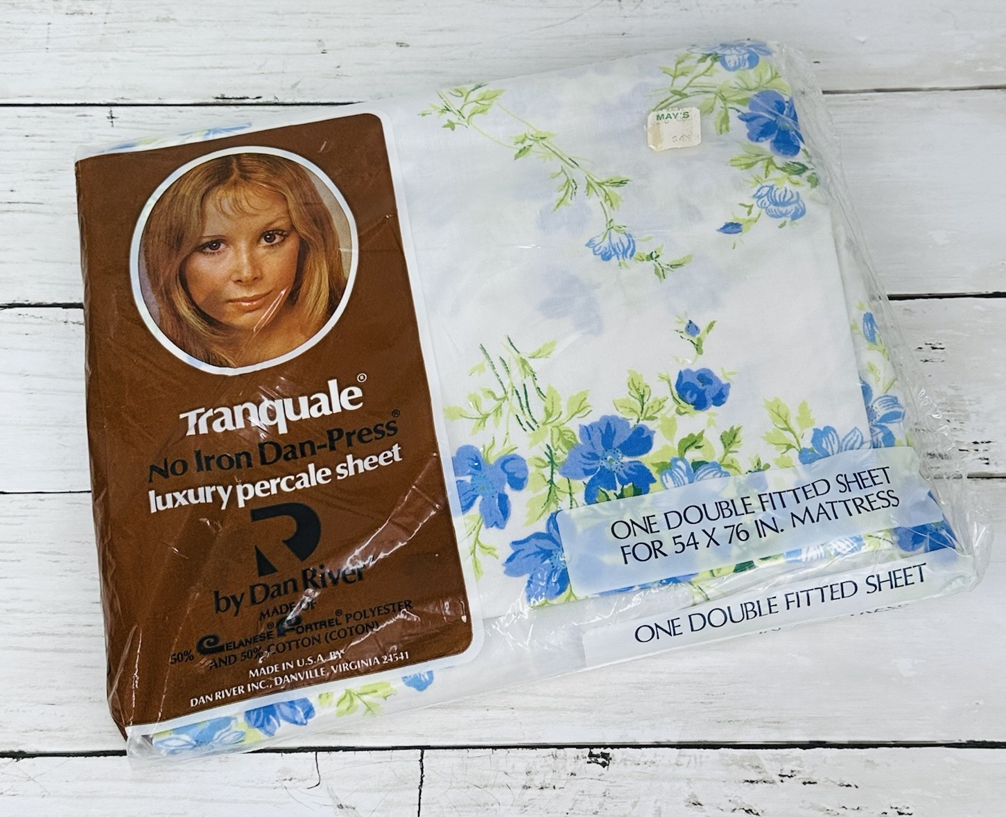 VTG Dan River Tranquale Luxury Percale Double Fitted Sheet Blue Floral NOS NEW  