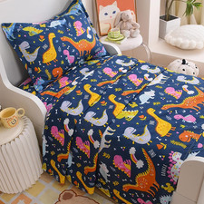 3PC Dino Printed Bed Fitted Sheet and Flat Sheet Set,Cute Dinosaur Pattern Print