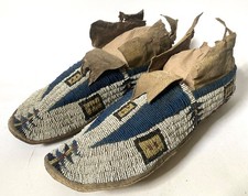 Antique PLAINS INDIAN BEADED MOCCASINS w RAWHIDE SOLES - GREAT COLORS, 1870-80s