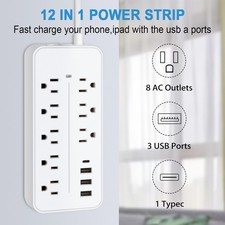 US Surge Protector Power Strip 8 AC Outlets 3 USB Ports 1 Type C 3.9/4.9ft Cable