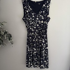 Tommy Hilfiger Dress Womens 14 Navy Daisy Floral Sleeveless V Neck Fit Flare