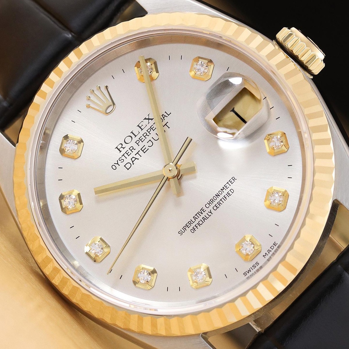 ROLEX DATEJUST 16233 SILVER DIAMOND 18K GOLD STEEL WATCH w/ BLACK