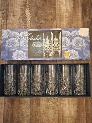 6 MELODIA CAPRI LEAD CRYSTAL HIGHBALL GLASSES CLEAR  ITALY  12OZ 5 7/8'' TALL