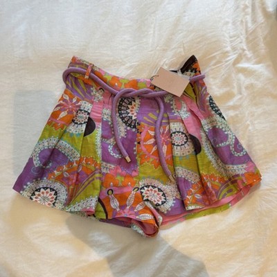 ALEXIS Costa-Short Multicolor Floral Paperbag Belted Cotton Shorts. Size Medium