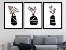Set of 3 Prints - Boho Neutral Black and Brown Vase Pictures