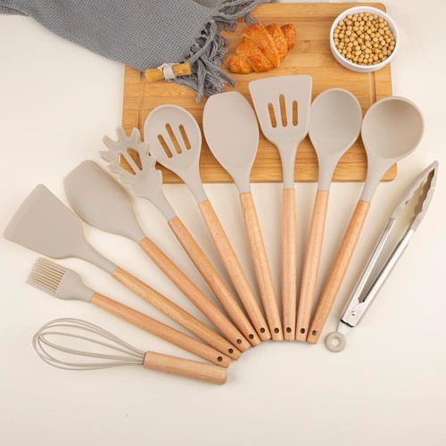 Silicone Kitchen Utensil Set with Beech Wood Handle, BPA Free, 446°F Resistant - Picture 3 of 9