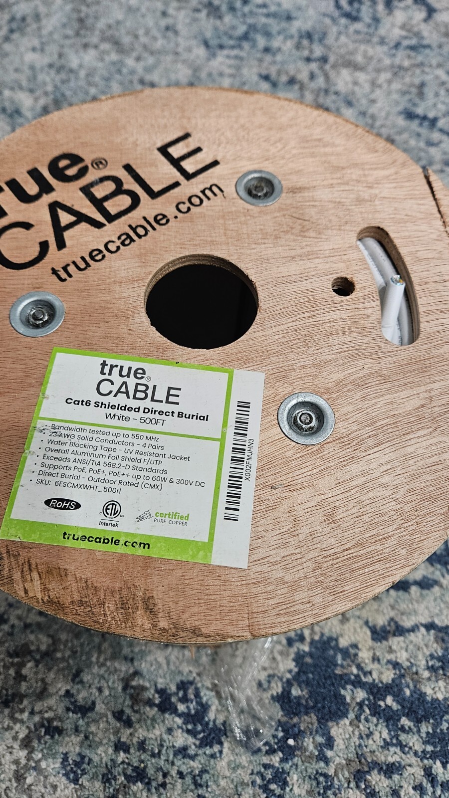 NEW True Cable Cat6a Shielded Direct Burial Line White - 500ft Spool