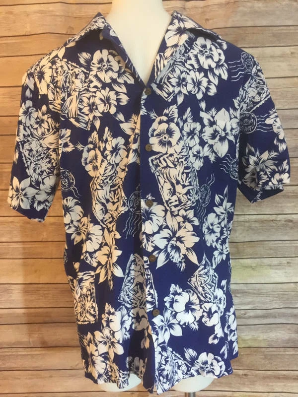 Mens L Hilo Hattie Floral Hawaiian Cotton Shirt Short Sleeve Blue Aloha Print