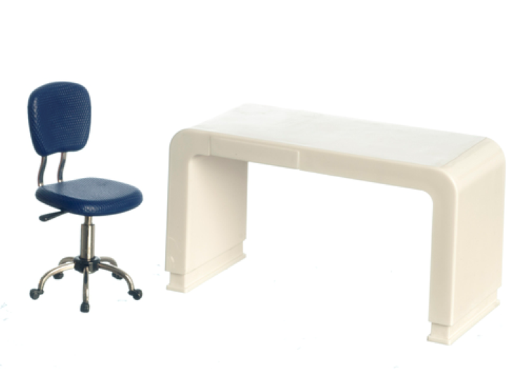 Dolls House Computer Desk & Blue Chair Study Office Miniature 1:12th Scale