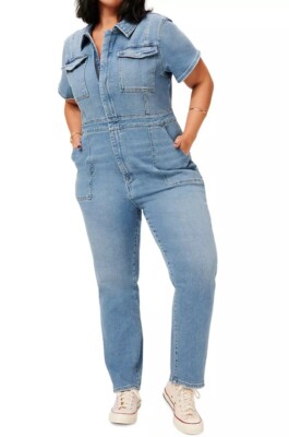 GOOD AMERICAN FIT FOR SUCCESS WOMEN'S BLUE DENIM JUMPSUIT BODYSUIT