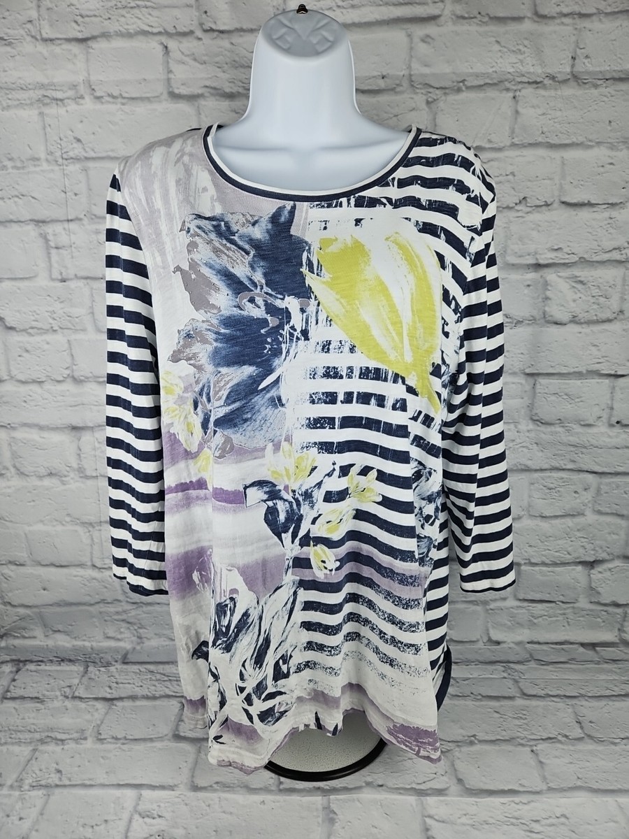 Zenergy By Chico's Blue/White Striped Floral Print Knit Top