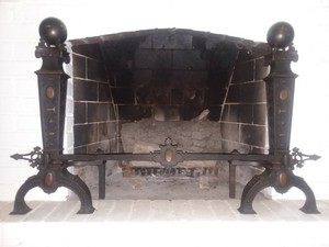 C 1920 Large Antique Bronze Brass Fireplace Andirons W Tool Rest