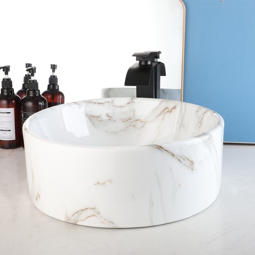 Marbling Bathroom Vessel Sinks White Round Ceramic Basin Bowl Black Faucet Drain - Imagen 6 de 12