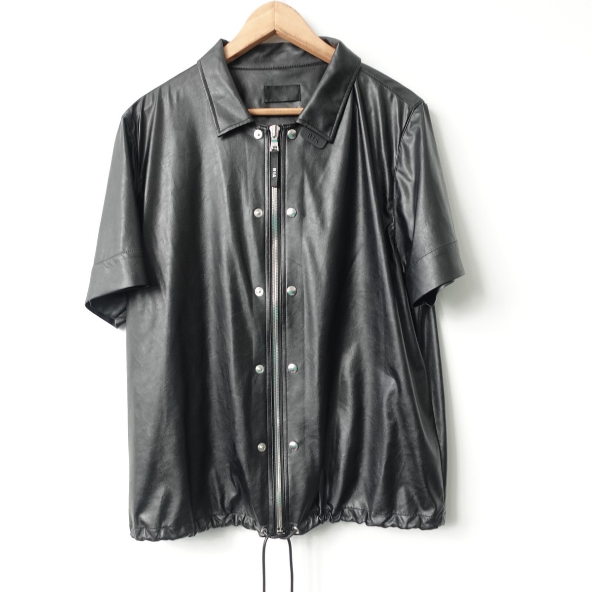 Black Faux Leather Shirt Men M Japanese Fabric Full Zip Moto