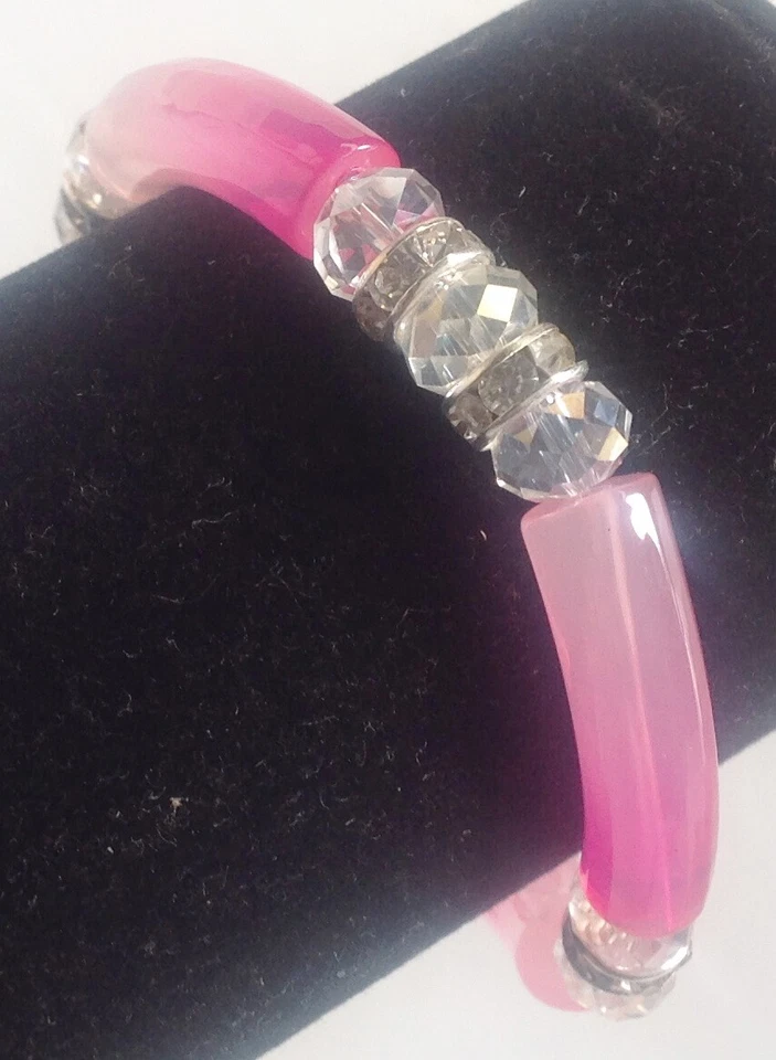 bracelet rétro style année 70 extensible rose perle cristaux diamant 4719 - Photo 2/2