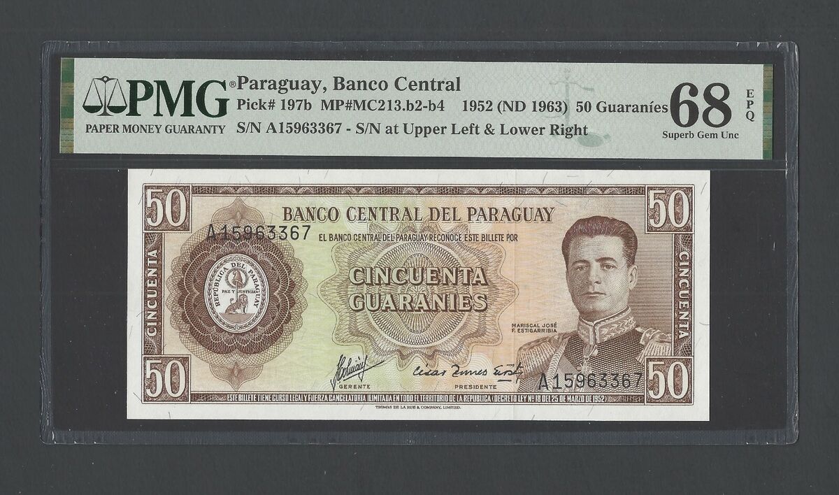 Paraguay 50 Guaranies 1952(ND1963) P197b Uncirculated Grade Paraguay 50 Guaranies 1952(ND1963) P197b Uncirculated Grade