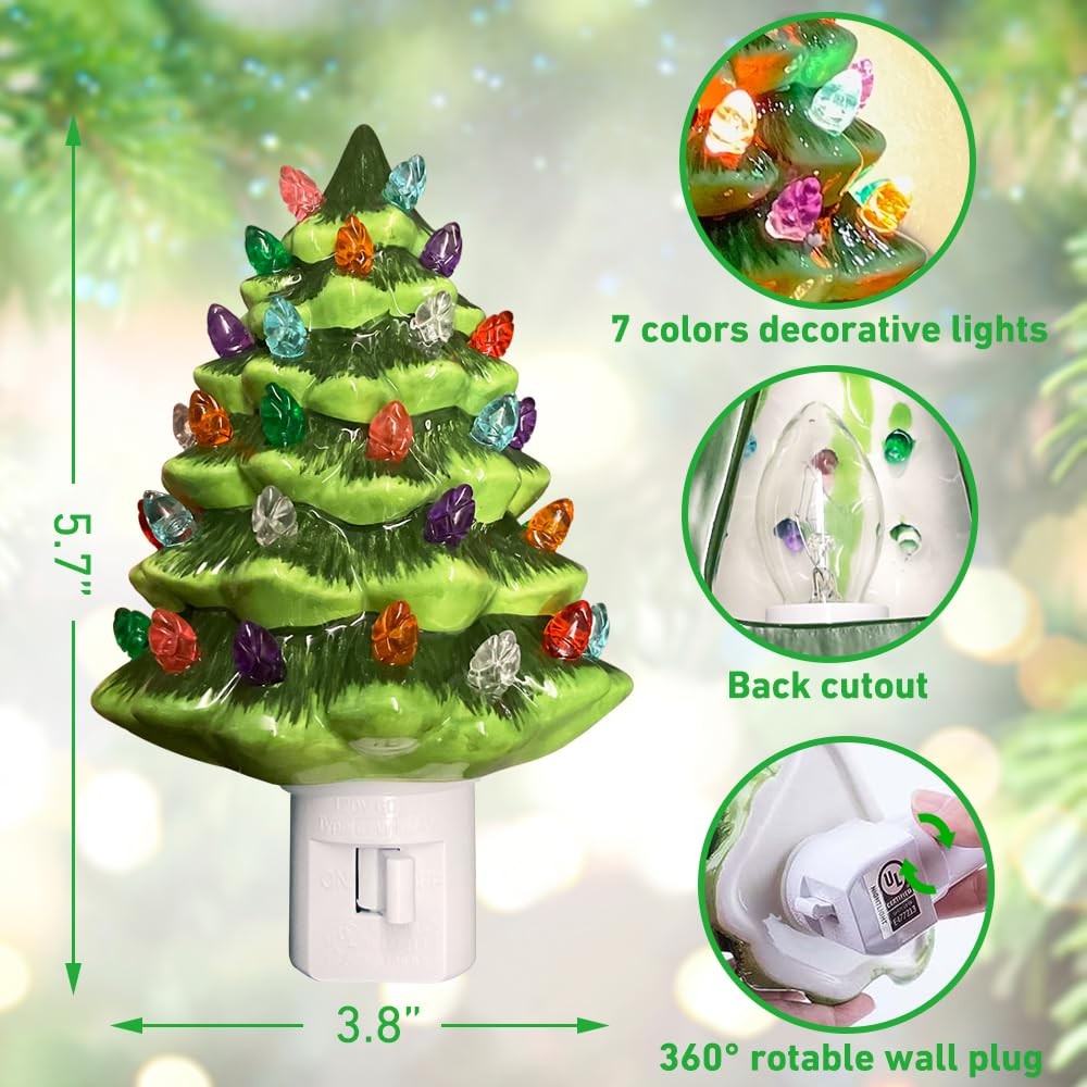 Ceramic Christmas Tree Night Light, Vintage Green Christmas Tree Wall Plug in...