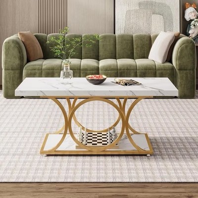 Rechteckiger Couchtisch, 2-stufiger Couchtisch aus Kunstmarmorholz mit Metallbeinen