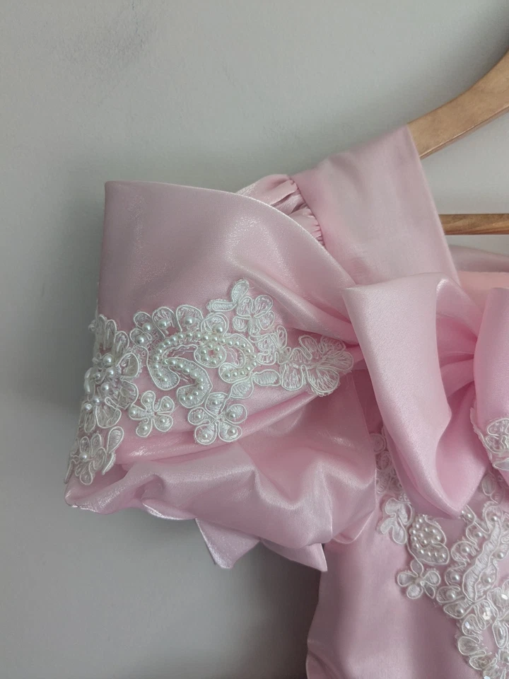 Vintage Girls Pink Satin Pageant Party Dress Pearl Lace Ruffle Tulle Full Circle - Image 4 of 4
