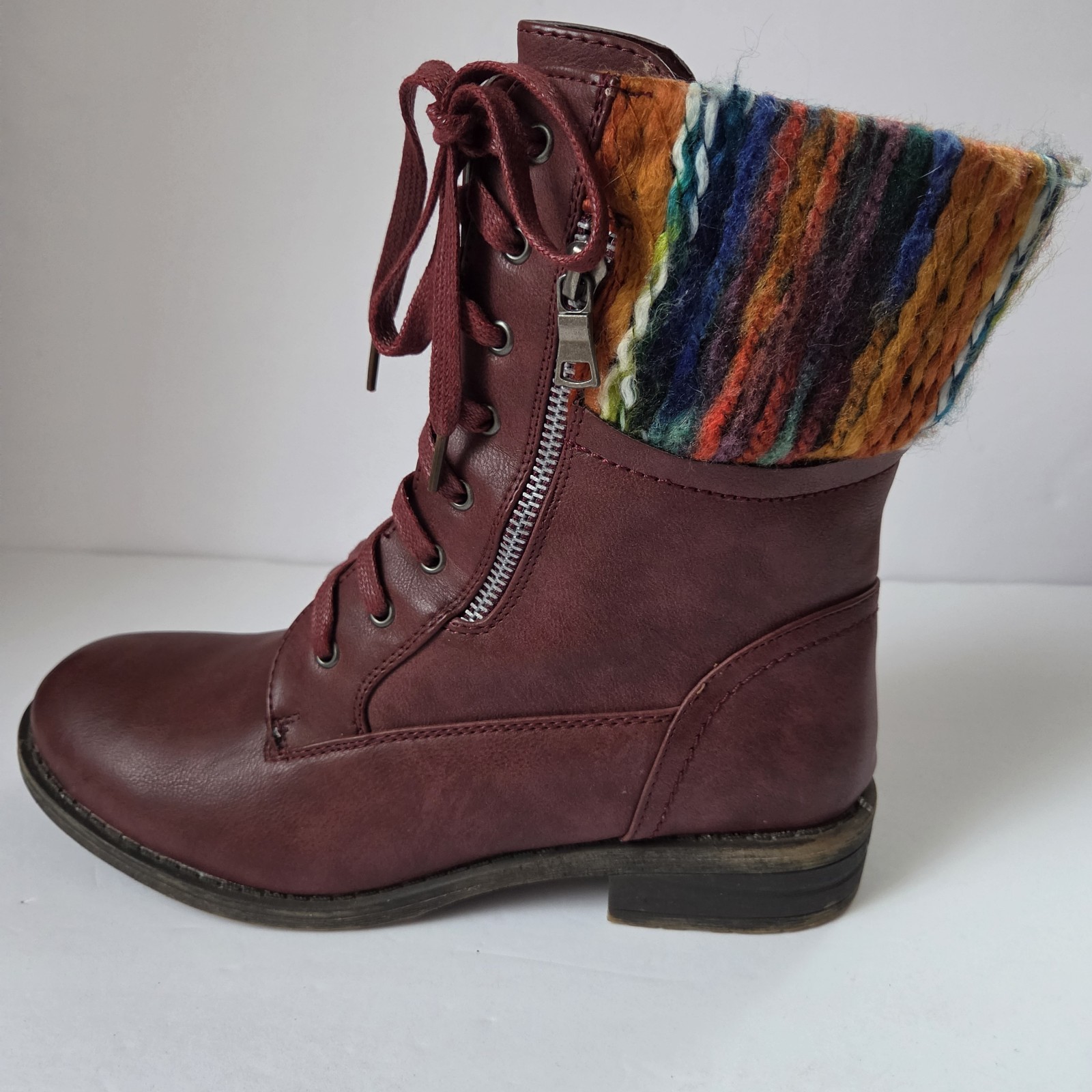 Womens Combat Boots Size 9 – Boho Knit Cuff, Lace‑Up, Side Zip, Faux Leather-image
