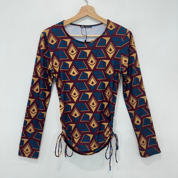 Zara Top Women M Geometric Print Long Sleeve Ruched Drawstring Burgundy