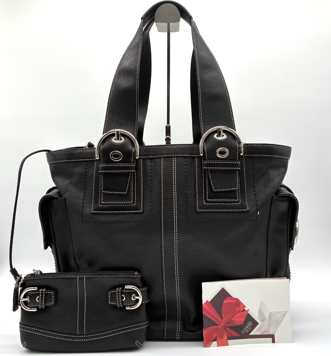 COACH Soho Tote Handbag Black Leather with Pouch Good Condition 
