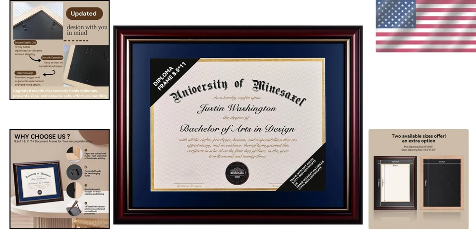 Marco de diploma de madera maciza 8,5 x 11 marco de certificado con tapete azul marino o 11x14 Do... Foto 2 de 4