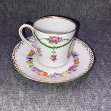 Antique Dresden Carl Thieme Flowers Set Cup & Reticulated Saucer Numbered 4819