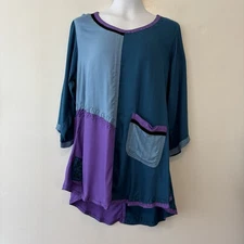 Iguana Tunic Top Medium Teal Turquoise Purple Pocket Swing Tulip Bell Bottom