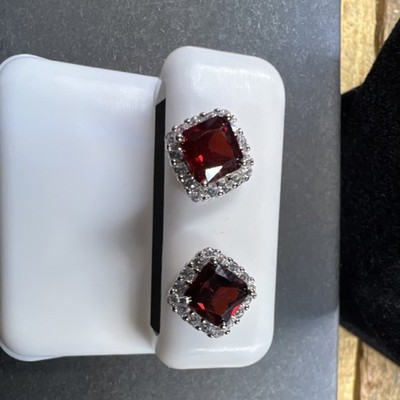 Sterling silver Square Red Stud Earrings Halo Setting Metal Butterfly Closure