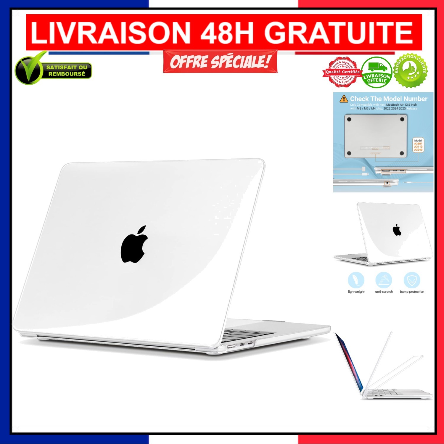Coque MacBook Air 13.6 M2 M3 M4 rigide et ultra fine transparente pour protection ordinateur