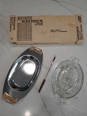 Vintage Kromex glass and chrome relish tray in original box