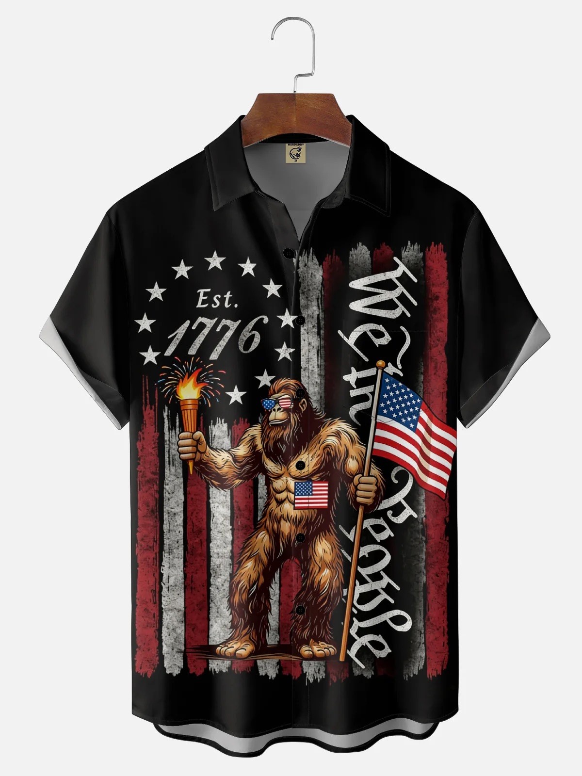 American Flag Independence Day Bigfoot Chest Pocket Holiday Hawaiian Shirt