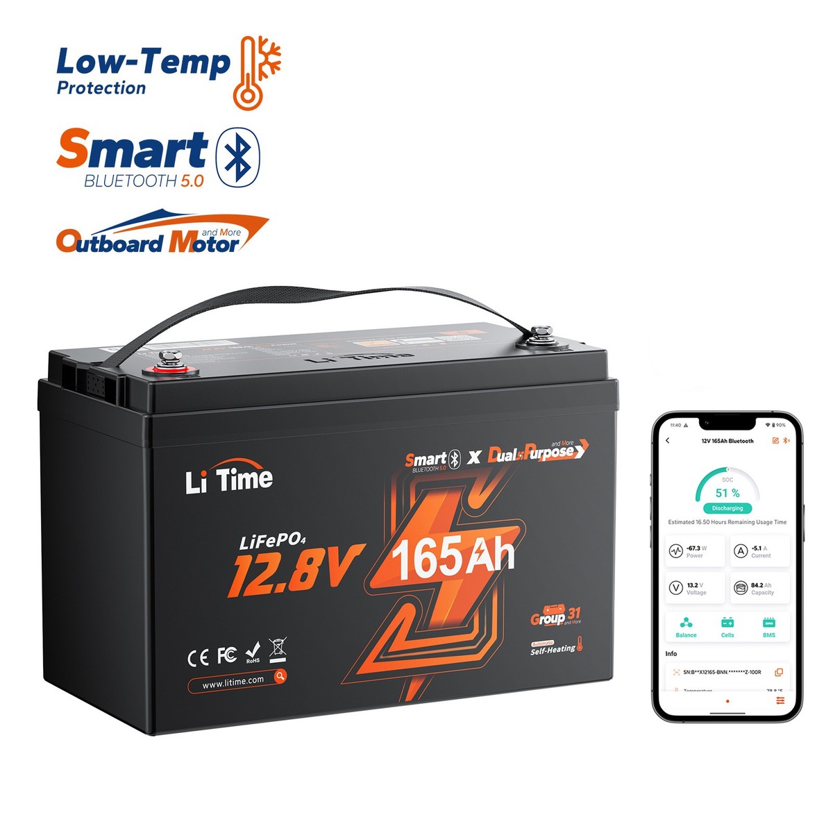 LiTime 12V 165Ah Dual Use Marine Starting & Deep Cycle Lithium