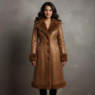 Handmade Shearling Leather Overcoat | Women s Tan Brown Full-Length Winter Coat