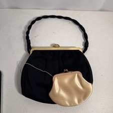 Vintage DECO Style Soft Black Evening Bag Attached Change Purse Gold Frame