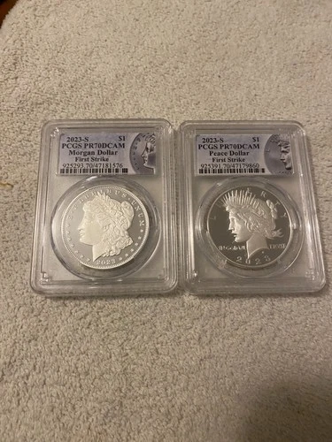 2023-S Proof $1 Morgan and Peace Silver Dollar 2pc Set PCGS PR70DCAM FS Morgan