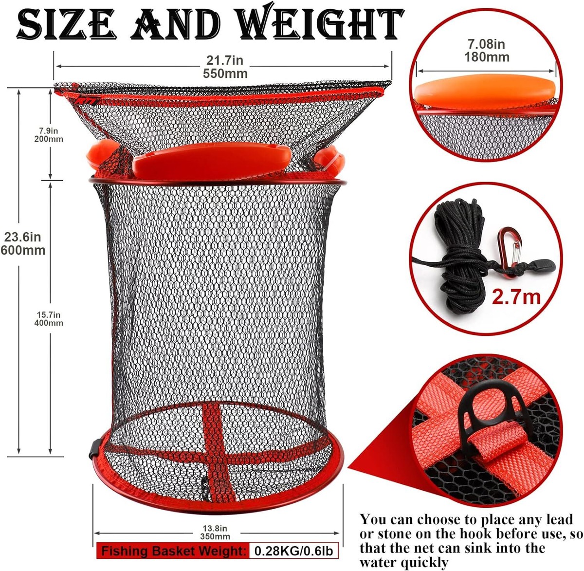 Crab Fishing Basket Kit JellyArch 4-Piece Fishing Kit - Floating Basket,  Telescoping Net, Crab Trap & Lip Gripper Foldable Floating Basket